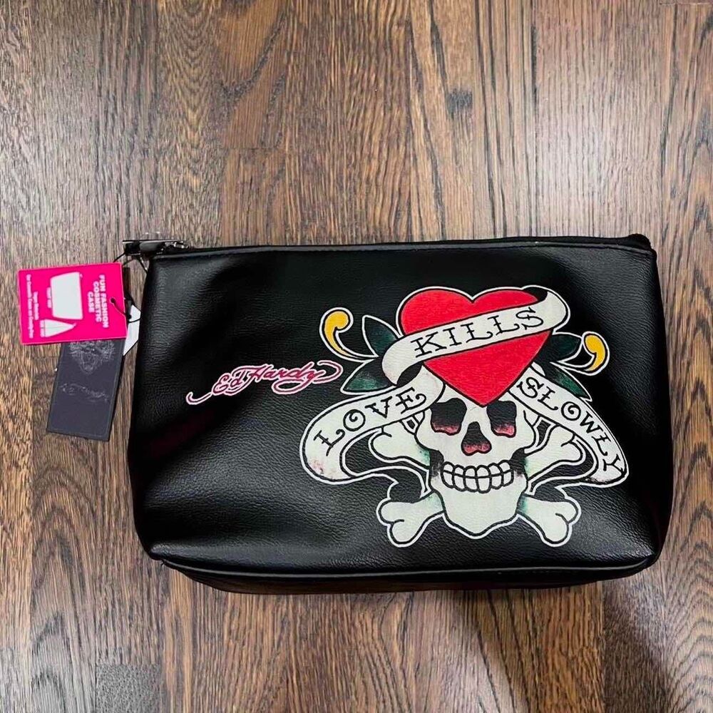 ed hardy “love kills slowly” makeup cosmetic toiletry bag in black red (NWT)